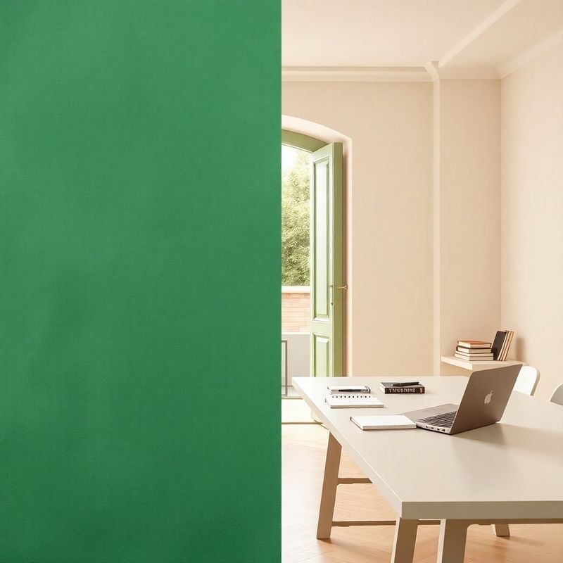 Editorial studio desk with notebooks and laptop in forest-green and cream tones