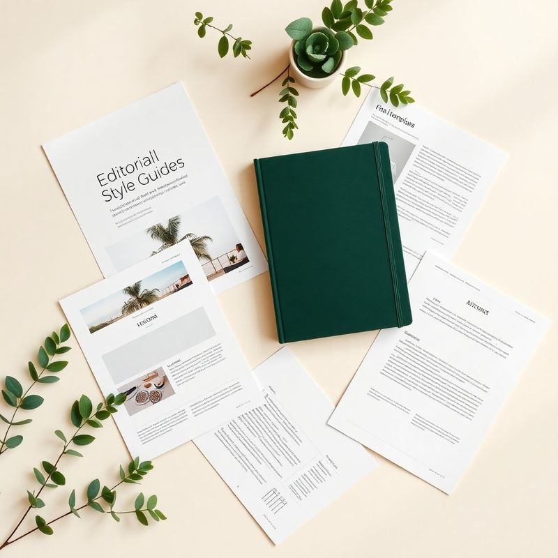 Flat-lay of editorial style guides and brief templates on cream surface