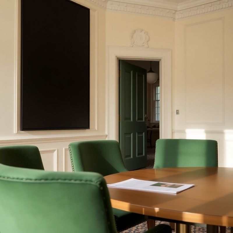 Cream-painted meeting room with forest-green chairs at Bureau Group office